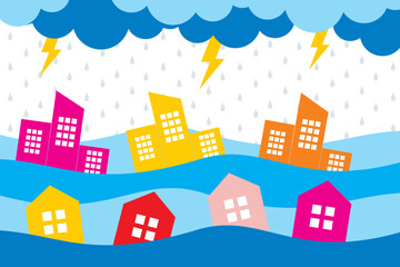 Floods. Natural disasters. Illustration of heavy rain accompanied by flooding