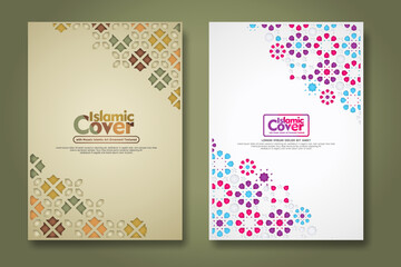 Islamic cover background template with ornamental colorful detail of floral mosaic islamic art ornament
