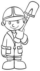 Construction worker with a shovel. Element for coloring page. Cartoon style.