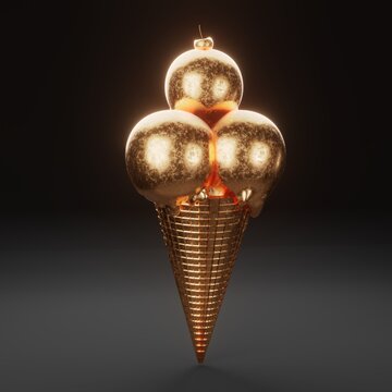 Golden glitter ice cream on a dark isolated background 3d render