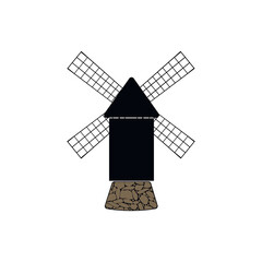 European traditional old  windmill icon. Building for millstones grain, flour, bread processing. 