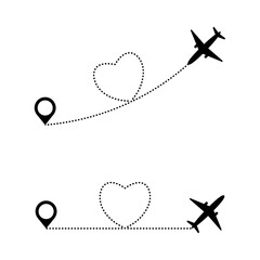 Set of planes path with location pins vector illustration. Heart dashed line trace and plane routes.