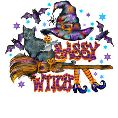 Sassy Witch / a small cute invisible witch with a broom, a cat, bats, witch hat and nice witch shoes and orange socks with stripes.