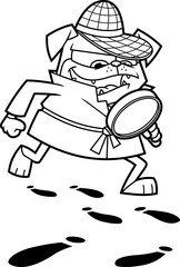 Outlined Funny Detective Pug Dog Cartoon Character With Magnifying Glass Following A Clues. Vector Hand Drawn Illustration Isolated On Transparent Background