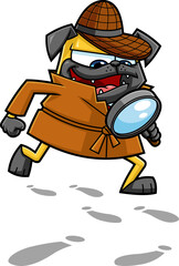 Funny Detective Pug Dog Cartoon Character With Magnifying Glass Following A Clues. Vector Hand Drawn Illustration Isolated On Transparent Background