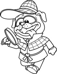 Outlined Detective Pug Dog Cartoon Character Looking For Items With A Magnifying Glass. Vector Hand Drawn Illustration Isolated On Transparent Background