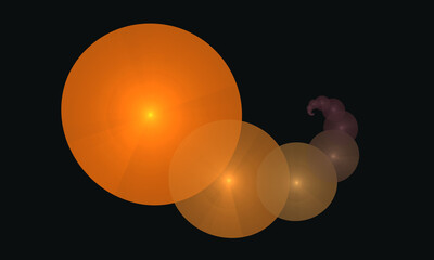 Orange circles create shape of twirl in specific aftermath in deep dark space. Graphic row of digital spheres in flow. Minimal laconic 3d artwork. Great as cover print for electronics, poster, blank. 
