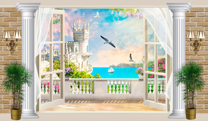View from the balcony to the beautiful seascape. Swallow's nest. Crimea. Wallpaper, mural, digital collage.