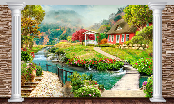A country house with a gazebo in a meadow. Digital collage. Mural, photo wallpaper.