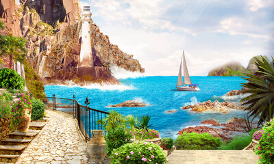 A Mediterranean collage with a seascape, with a lighthouse and a yacht in the bay. photo wallpapers.