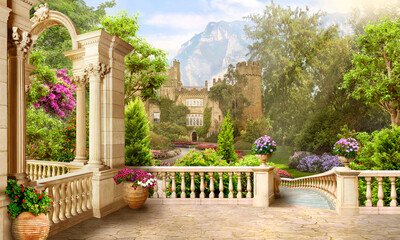 View of an old house in a beautiful garden. Photo wallpaper, mural. - obrazy, fototapety, plakaty