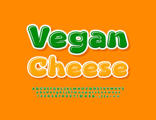 Vector bright badge Vegan Cheese. Playful style Font. Green creative Alphabet Letters, Numbers and Symbols set