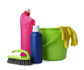 Set of different cleaning supplies on white background