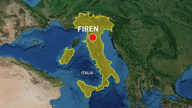 Designation of the borders of Italia on the map and the mark of the location of the city of Florentia