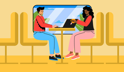 A young couple in a train carriage, commuter train.