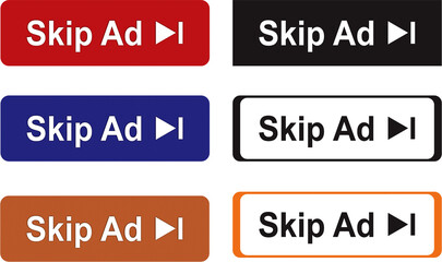 Set of skip ad advertisement icons on white background. flat style. skip ad buttons for your web site design, logo, app, UI. skip ads symbol. skip advertisement sign illustration. 