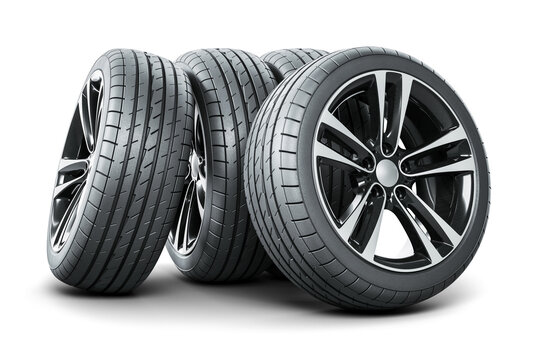 Set of four new car wheels with new tires.3D render