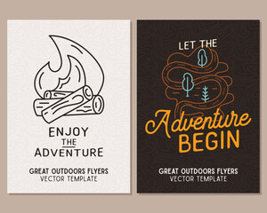 Camping flyer templates. Travel adventure posters set with line art and flat emblems and quotes - Create adventures for yourself. Summer A4 cards for outdoor parties. Stock vector