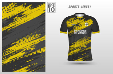 Black yellow t-shirt sport design template with abstract grunge textured pattern for soccer jersey. Sport uniform in front view. Tshirt mock up for sport club. Vector Illustration