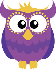 Cute purple cartoon owl with big eyes. Transparent background.