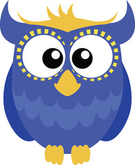  Cute blue cartoon owl with big eyes. Transparent background.