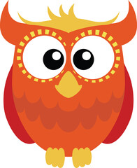  Cute orange red cartoon owl with big eyes. Transparent background.