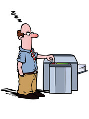  Employee standing half asleep at the copy machine. Transparent background.
