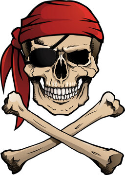Pirate skull and crossbones, also known as Jolly Roger, wearing a bandana. Transparent background.