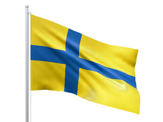 Ostergotland (province in Sweden) unofficial flag waving on white background, close up, isolated. 3D render