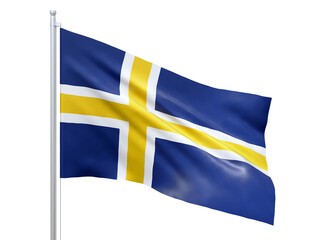 Roslagen (county in Sweden) flag waving on white background, close up, isolated. 3D render