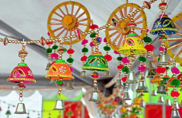 Colorful bells with national Indian ornaments for holidays, celebrations and festivals.