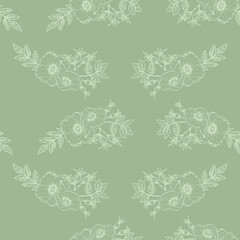 Vector Wild Roses Vintage Drawing in Green seamless pattern background. Perfect for fabric, scrapbooking and wallpaper projects.