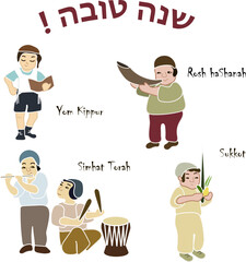Rosh hashanah Jewish new year vector illustration. Greeting card set with apple and honey symbols of Jewish holiday Rosh Hashana, Shana Tova- cards blessing of Happy and sweet new year in Hebrew.