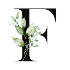 Floral alphabet, letter F with watercolor leaf. Monogram initial perfectly for wedding invitation, greeting card, logo, poster and other design. Holiday design hand painting.