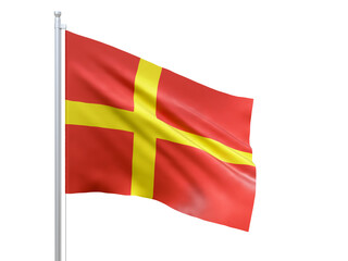 Skanska (county in Sweden) flag waving on white background, close up, isolated. 3D render