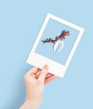 Creative concept photo of hand with polaroid picture with flowers on blue background.