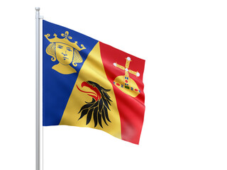 Stockholms (county in Sweden) flag waving on white background, close up, isolated. 3D render