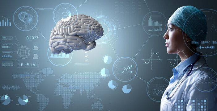 Woman neurologist analysing data and diagrams connected to 3D rendering model of human brain. Artificial intelligence research or brain disease diagnostic.