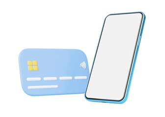 3d Smartphone and credit card floating on blue background. Saving wealth, Mobile banking, Online payment service. Phone with blank white screen for money transfer app. Cartoon business minimal render.