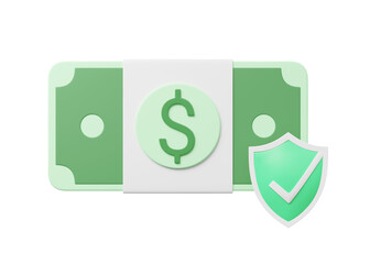 Bundles cash dollar or banknote, guardian shield, check security  floating blue background. Saving money, Mobile banking, Online payment, Technology protection concept. Cartoon icon minimal. 3d render