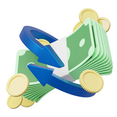 3d Arrow circle icon, bundles cash money, coins floating on blue background. Mobile banking, Online payment service. Cashback and refund. Transfer banknote. Currency exchange. Saving dollar. 3d render