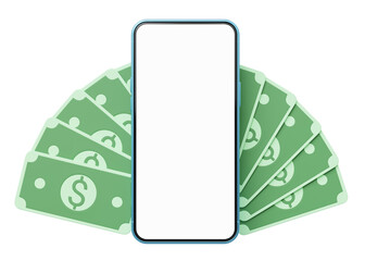Phone with cash money floating on blue background. Mobile banking and Online payment service. Saving money wealth. Business cartoon style. Smartphone blank white screen. Money transfer. 3d icon render