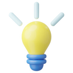 3D Yellow light bulb icon. Lamp with bright halo isolated on blue background. Creative idea, Business solution, Strategic thinking, New invention or innovation concept. Cartoon icon minimal. 3d render
