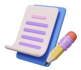 3D blank white sheet, clipboard and pencil floating on blue background. Copywriting, notepad, writing on document, note taking, project plan concept. Cartoon icon minimal style. 3d render illustration
