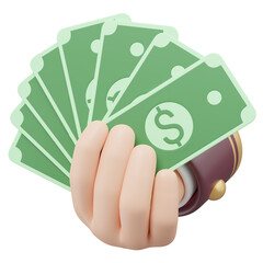 3D Hand holding banknote icon. Cartoon businessman wearing red suit holds a fan of money floating isolated on blue background. Money saving, shopping online payment concept. Cartoon minimal 3d render.