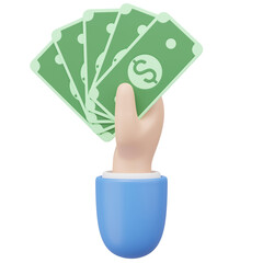 3D Hand holding banknote icon. Cartoon businessman wearing suit holds a fan of money floating isolated on blue background. Money saving, shopping online payment concept. Cartoon minimal 3d icon render