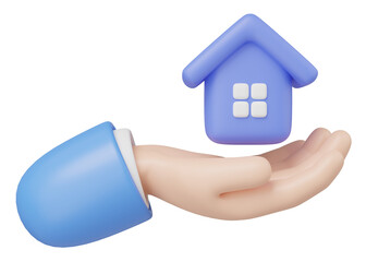 3D Hand holding home icon. Toy House in hand floating isolated on blue background. Investment, real estate, mortgage, offer of purchase house, loan concept. Mockup Cartoon minimal icon. 3d rendering.