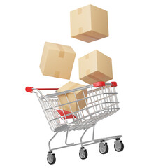 Brown box fell into shopping cart floating isolated on blue background. 3d Shop trolley realistic. Marketing online, E commerce, store app concept. Business cartoon style concept. 3d icon rendering. - obrazy, fototapety, plakaty