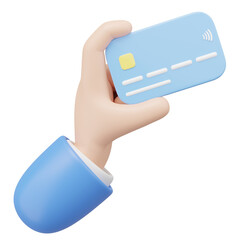 3D Hand holding Credit card and floating isolated on blue background. Online store credit card or debit cards accept. Withdraw money, Easy shopping, Cashless society concept. Cartoon minimal 3d render