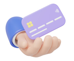3D Hand holding purple credit card and floating isolated on blue background. Online store credit or debit cards accept. Withdraw money, Easy shop, Cashless society concept. Cartoon minimal 3d render.